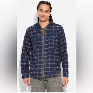 Men's Checked Hooded Long Sleeve Button-Down Shirt - Original Use Navy Blue M
